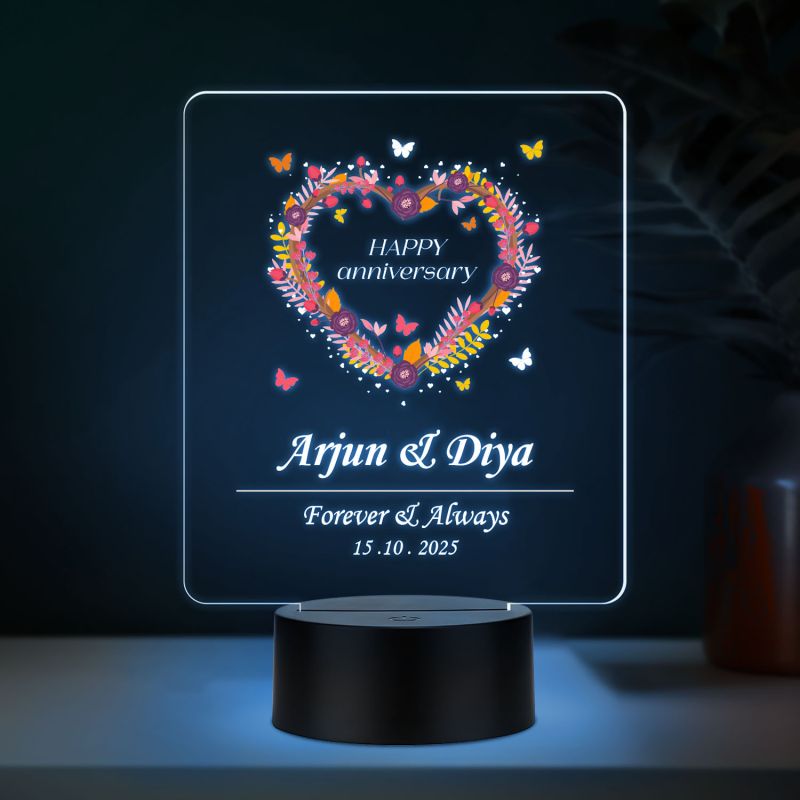 Personalized Heart Shape Couple Night Lamp Custom with Name & Date Bedside Table Lamp Couple Gift Anniversary, Wedding, Marriage, Valentine Day Multicolored Light (Anniversary Gift 1)